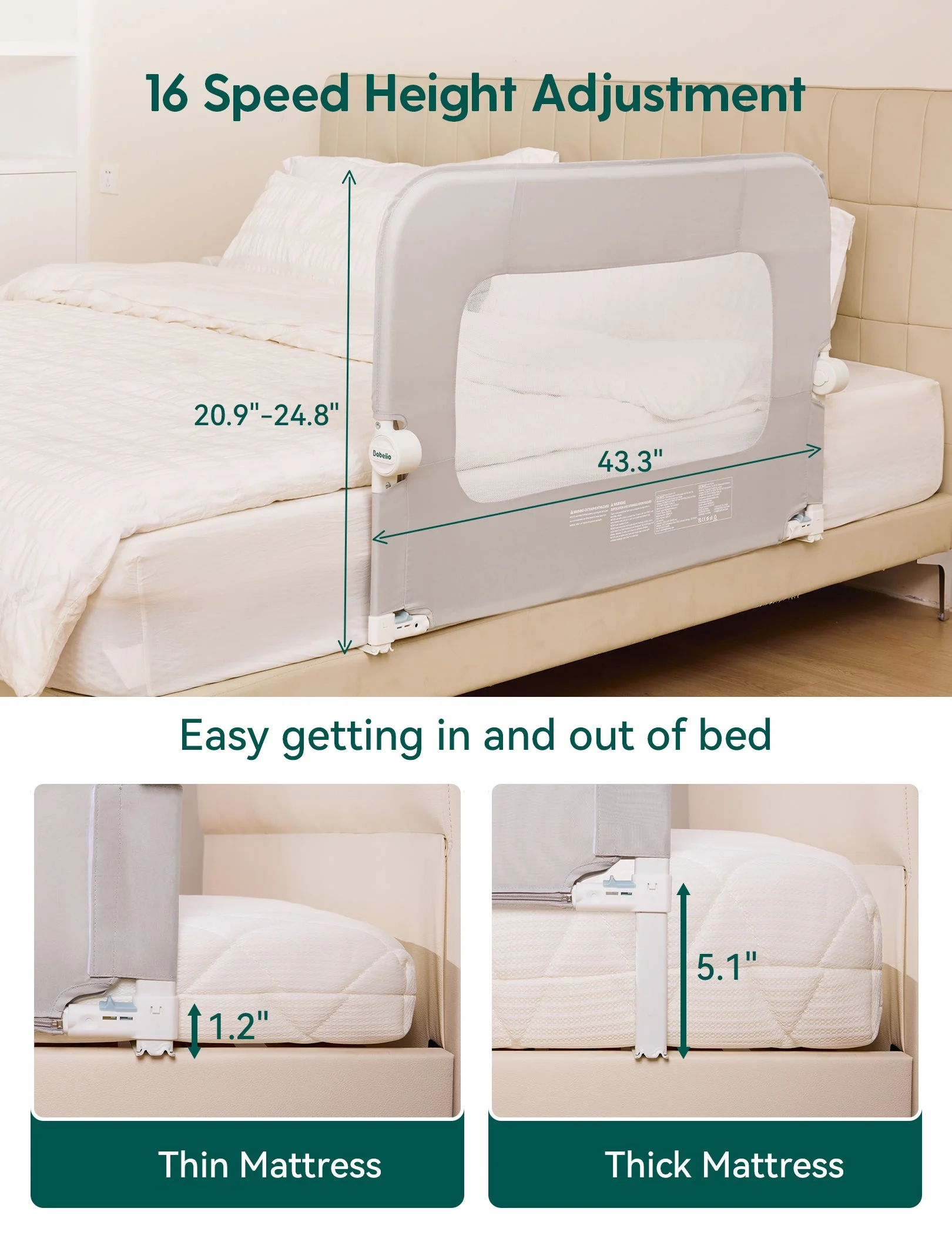Babelio Toddler Bed Rail | 43" Wide, Swing-Down, Adjustable Height Guard for All Bed Sizes - Image 5