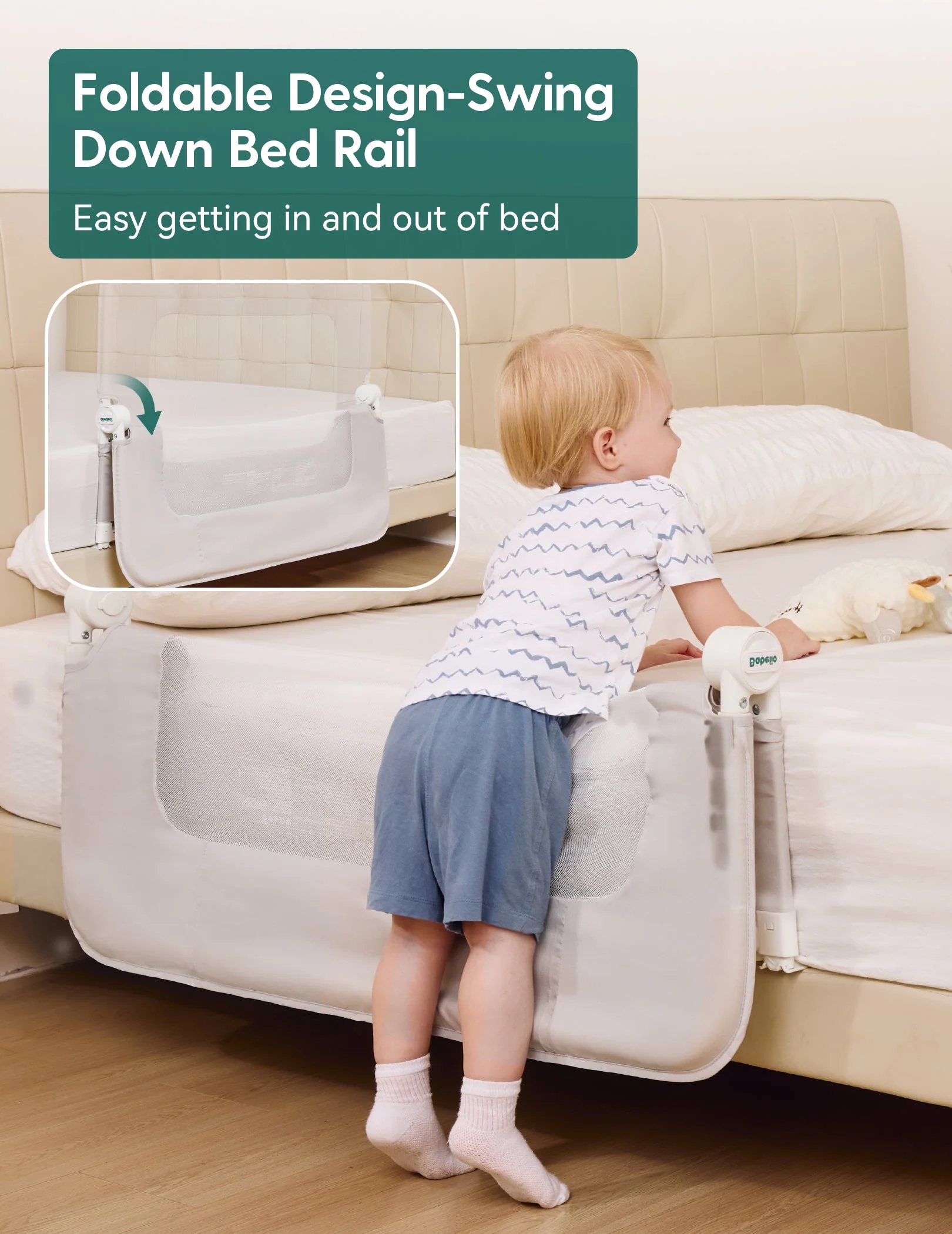 Babelio Toddler Bed Rail | 43" Wide, Swing-Down, Adjustable Height Guard for All Bed Sizes - Image 3