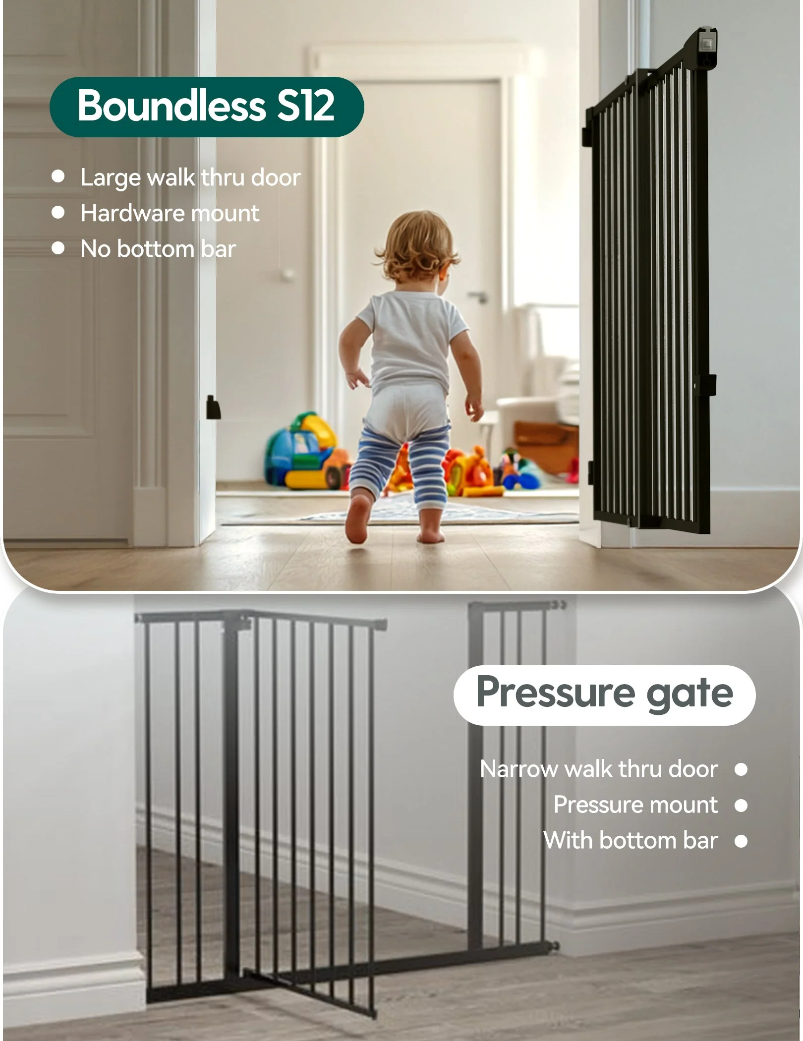 Boundless S12 | Ultra-Stable No Bottom Bar Baby Gate for Stairs - Image 3